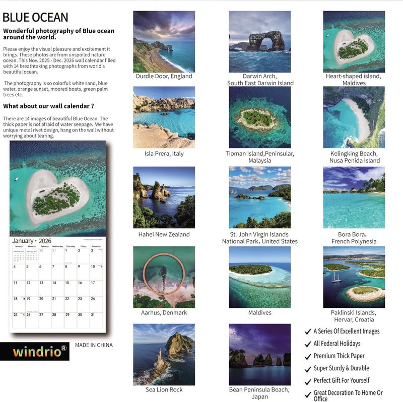 windrio 2026 Wall Calendar,Calendar 2026, November 2025 - December 2026, Wall Calendar Ocean Beaches, 12" x 24" Opened,Full Page Months Thick & Sturdy Paper for Calendar Organizing & Planning - Image 2